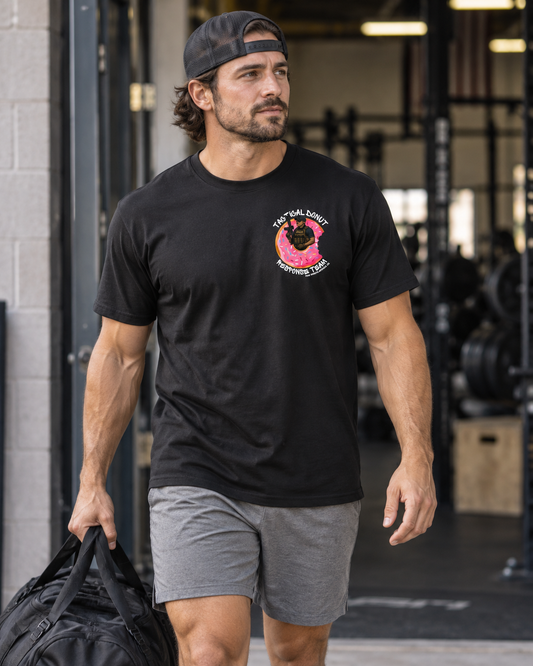 Black - Lifestyle mockup — Donut Response Team, men's fit, active front view